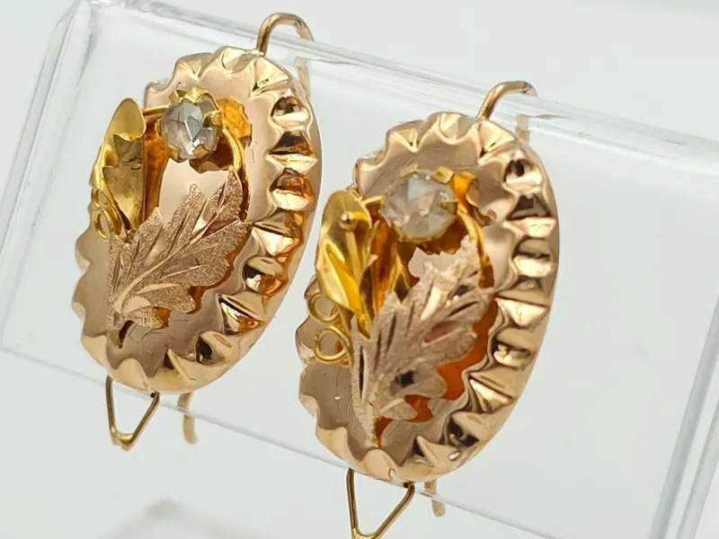 Pamono Gold Earrings in Yellow Gold with Diamonds, 1880, Set of 2> Earrings