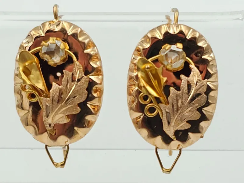 Pamono Gold Earrings in Yellow Gold with Diamonds, 1880, Set of 2> Earrings