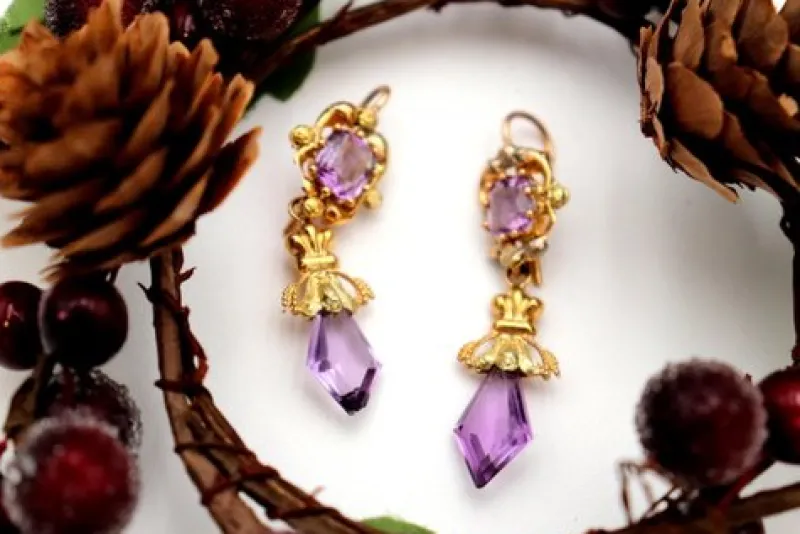 Online Pamono Gold Earrings with Amethysts, Set of 2