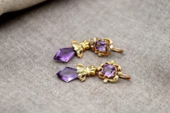 Online Pamono Gold Earrings with Amethysts, Set of 2