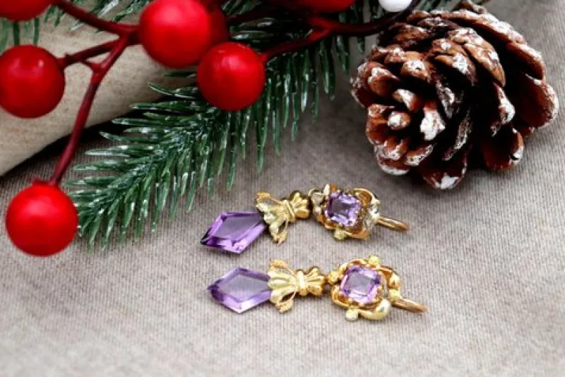 Online Pamono Gold Earrings with Amethysts, Set of 2