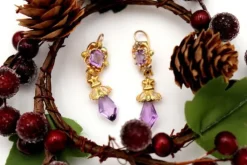Online Pamono Gold Earrings with Amethysts, Set of 2