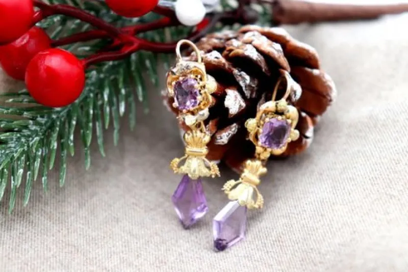 Online Pamono Gold Earrings with Amethysts, Set of 2