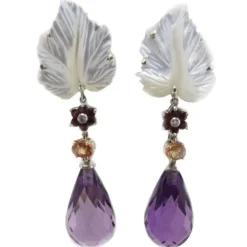 Pamono Gold Earrings with Diamonds, White Stone Leaves, Amethyst Drops and Sapphires, Set of 2