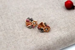 Pamono Gold Earrings with Diamond Flakes and Garnet Stones and Silver Applications, Set of 2> Earrings
