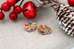 Pamono Gold Earrings with Diamond Flakes and Garnet Stones and Silver Applications, Set of 2><noscript><img width=
