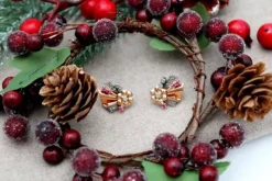 Pamono Gold Earrings with Diamond Flakes and Garnet Stones and Silver Applications, Set of 2><noscript><img width=