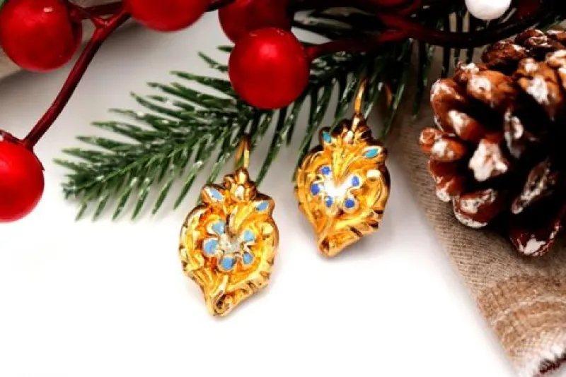 Discount Pamono Gold Earrings with Reliefs and Enamel, Set of 2