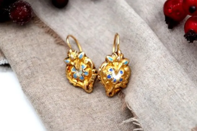 Discount Pamono Gold Earrings with Reliefs and Enamel, Set of 2