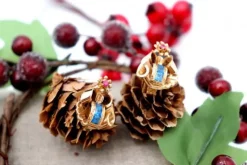 Discount Pamono Gold Earrings with Reliefs and Colored Synthetic Stones Inlaid, Set of 2