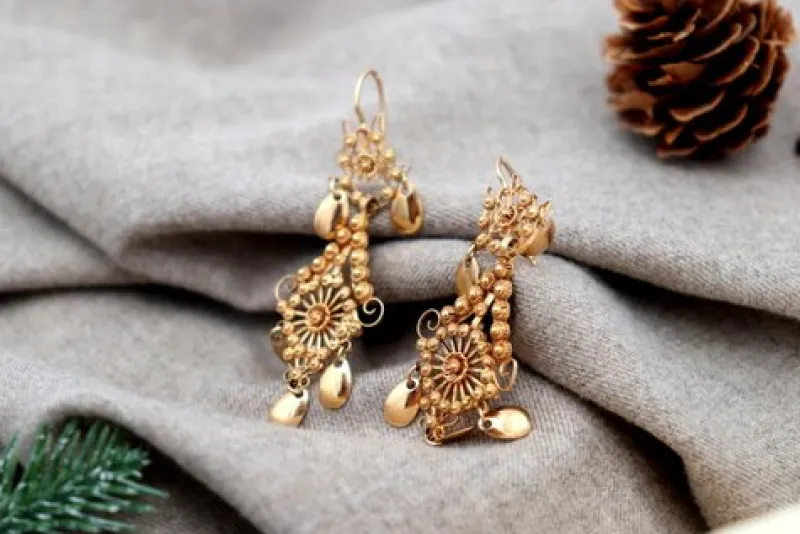 Pamono Gold Filigree Earrings with Cutouts and Hinged Pendants, Set of 2> Earrings