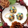 Pamono Gold Ring and Earrings with Enamel and Blue-Toned Applications, Set of 3