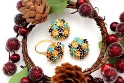 Pamono Gold Ring and Earrings with Enamel and Blue-Toned Applications, Set of 3