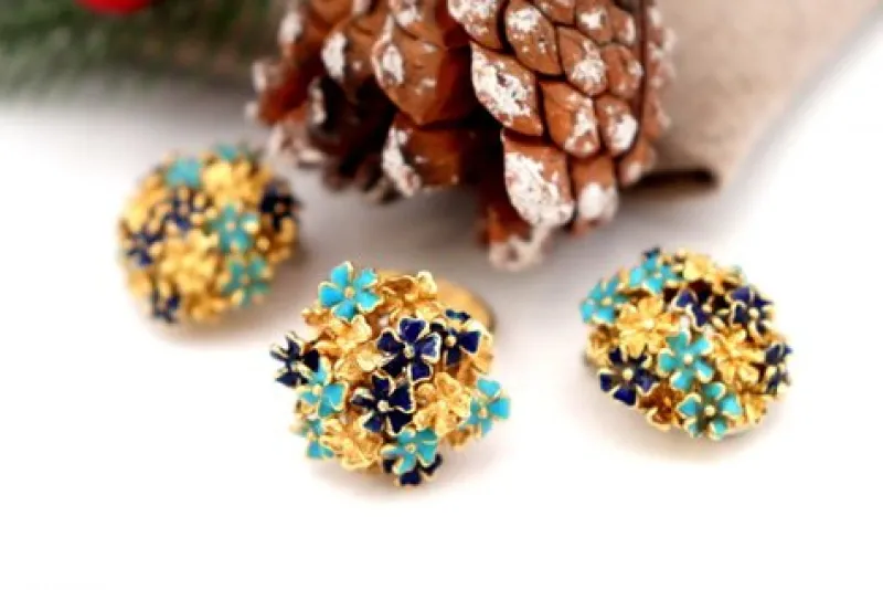 Pamono Gold Ring and Earrings with Enamel and Blue-Toned Applications, Set of 3
