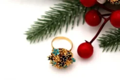 Pamono Gold Ring and Earrings with Enamel and Blue-Toned Applications, Set of 3