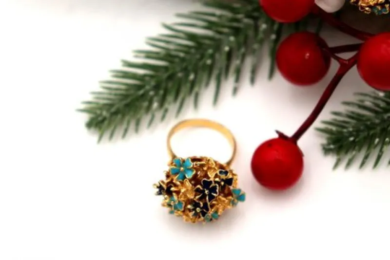 Pamono Gold Ring and Earrings with Enamel and Blue-Toned Applications, Set of 3