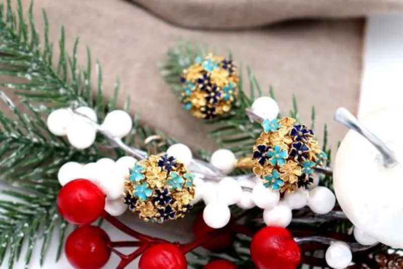 Pamono Gold Ring and Earrings with Enamel and Blue-Toned Applications, Set of 3