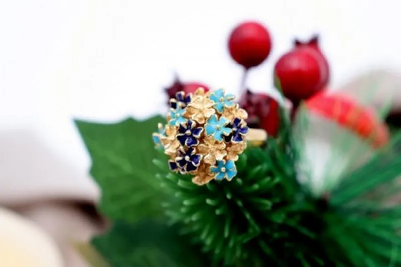 Pamono Gold Ring and Earrings with Enamel and Blue-Toned Applications, Set of 3