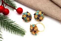 Pamono Gold Ring and Earrings with Enamel and Blue-Toned Applications, Set of 3
