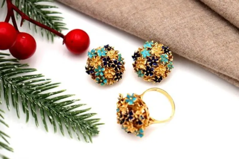 Pamono Gold Ring and Earrings with Enamel and Blue-Toned Applications, Set of 3