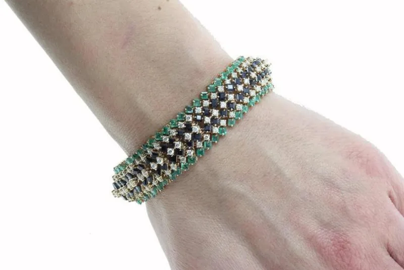 Pamono Gold Strands Bracelet with Emerald and Sapphire and Diamonds> Bracelets