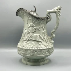 Pamono Gothic Revival Ceramic Relief Jug with Pewter Mount from W. Ridgway & Son, England, 1840s> Bottles, Carafes & Jugs