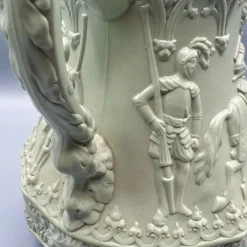 Pamono Gothic Revival Ceramic Relief Jug with Pewter Mount from W. Ridgway & Son, England, 1840s><noscript><img width=