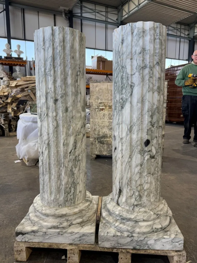 Outlet Pamono Grand Fluted Verde Alpi Marble Columns on Stepped Bases, Set of 2