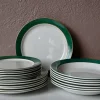 Pamono Green and Gold Earthenware Dinner, Soup and Dessert Plates from HBCM Creil et Montereau, Set of 21> Dinner Plates & Bowls