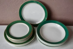 Pamono Green and Gold Earthenware Dinner, Soup and Dessert Plates from HBCM Creil et Montereau, Set of 21> Dinner Plates & Bowls