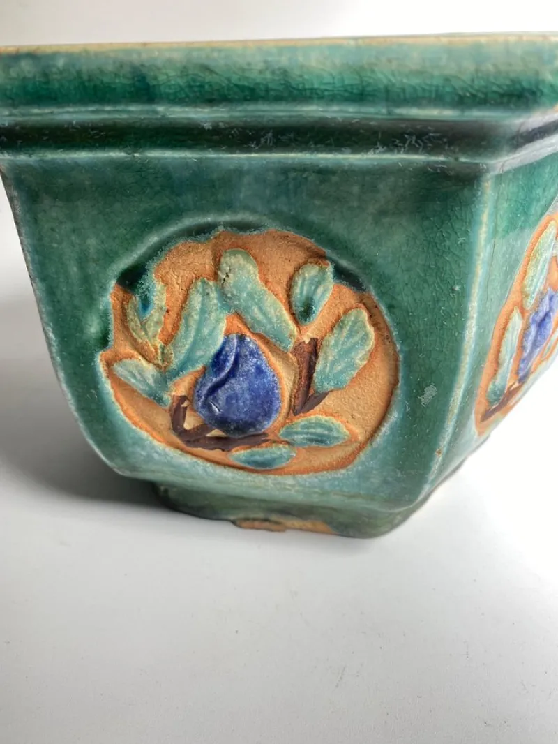 Outlet Pamono Green Glazed Terracotta Plant Pot Holder, France, 1930s