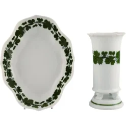 Clearance Pamono Green Ivy Vine Vase and Bowl in Hand-Painted Porcelain from Meissen, 1940s, Set of 2