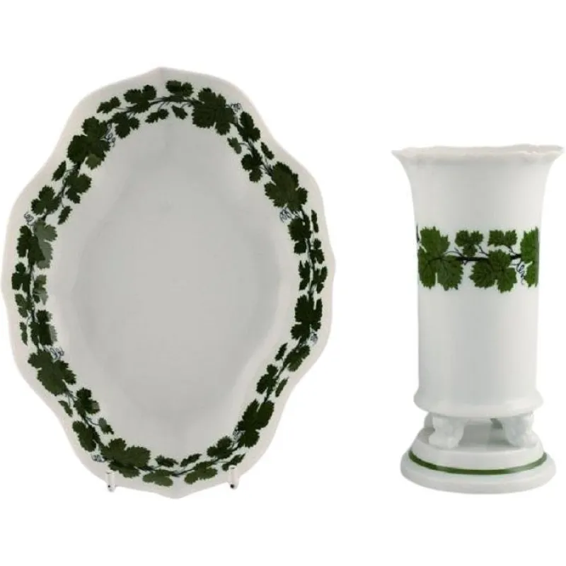 Clearance Pamono Green Ivy Vine Vase and Bowl in Hand-Painted Porcelain from Meissen, 1940s, Set of 2