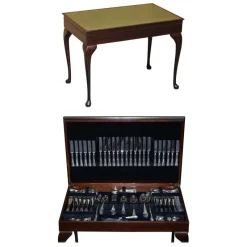 Pamono Green Leather Cutlery Table with Silver Plated Cutlery> Cutlery & Serving Utensils