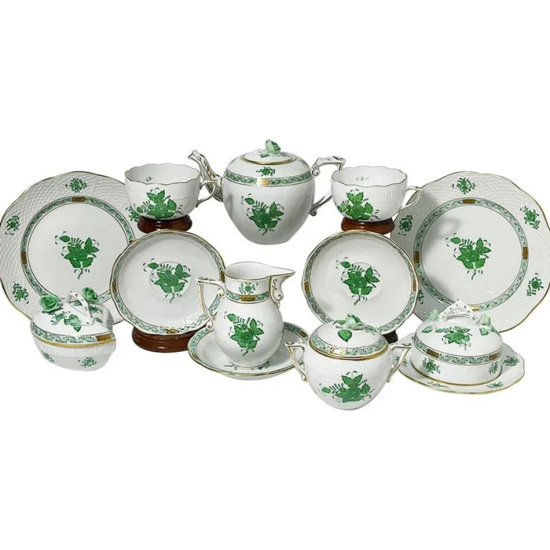 New Pamono Green Porcelain Chinese Bouquet Apponyi Tea Set from Herend Hungary, Set of 10