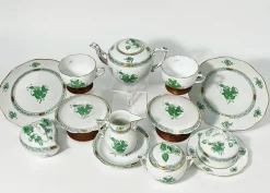 New Pamono Green Porcelain Chinese Bouquet Apponyi Tea Set from Herend Hungary, Set of 10