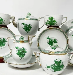 New Pamono Green Porcelain Chinese Bouquet Apponyi Tea Set from Herend Hungary, Set of 10