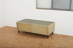 Pamono Green-Gray Plywood Lowboard with Black Metal Feet, Green Linoleum Shelf and Sliding Doors from RWD Reppisch-Werk Ag Dietikon, 1950s-1960s><noscript><img width=