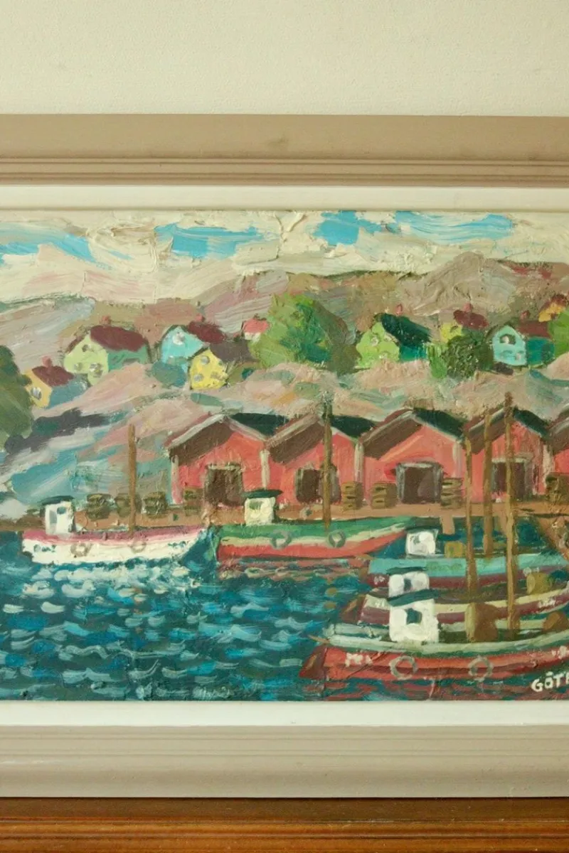 Pamono Göte Johansson, Fiskeläge Bohuslän, Mid-20th Century, Oil on Panel, Framed> Mid-Century