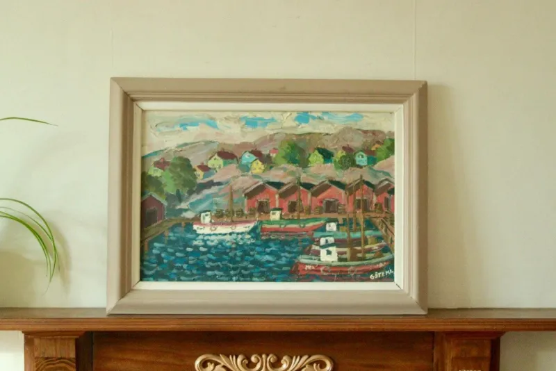 Pamono Göte Johansson, Fiskeläge Bohuslän, Mid-20th Century, Oil on Panel, Framed> Mid-Century