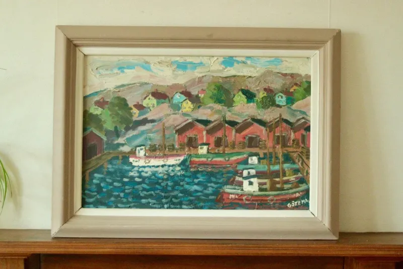 Pamono Göte Johansson, Fiskeläge Bohuslän, Mid-20th Century, Oil on Panel, Framed> Mid-Century