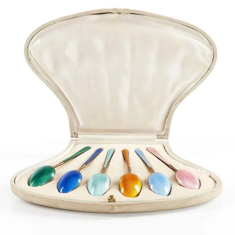 Pamono Guilloché Enamel Silver Spoons, Set of 6> Cutlery & Serving Utensils