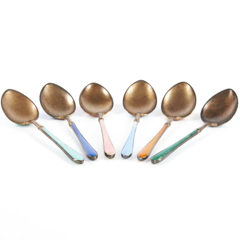 Pamono Guilloché Enamel Silver Spoons, Set of 6> Cutlery & Serving Utensils