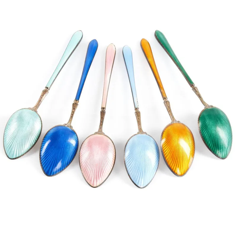 Pamono Guilloché Enamel Silver Spoons, Set of 6> Cutlery & Serving Utensils