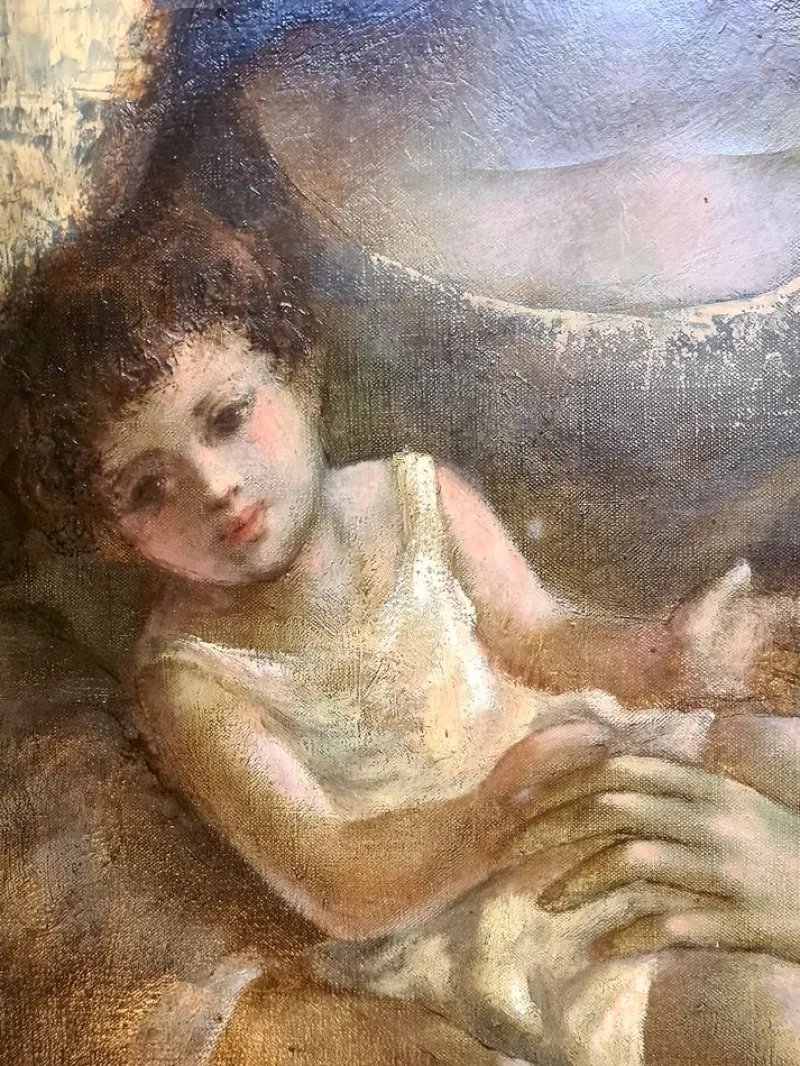 Pamono Guy Cambier, Mother and Child, Large Oil on Canvas, 1960s, Framed> Painting