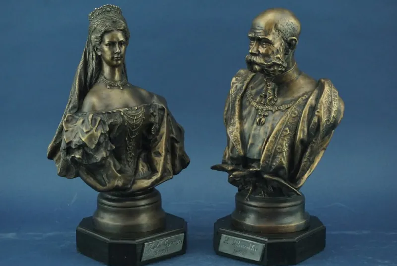 Pamono György Zala, Art Nouveau Busts of Princess Sisi and Emperor Franz Joseph of Austria, 1898, Gilded Bronzes, Set of 2> Art Nouveau