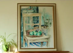 Pamono H. Langerman, Chairs and Apples, Mid-20th Century, Oil on Canvas, Framed><noscript><img width=