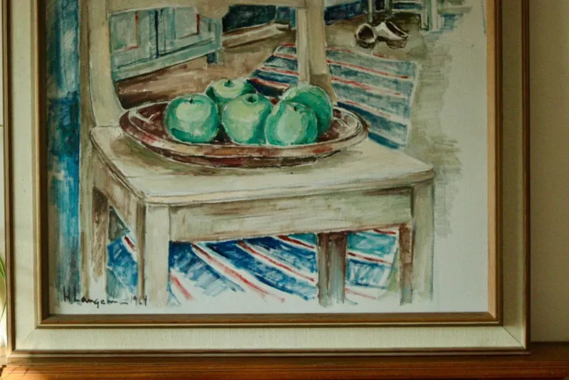 Pamono H. Langerman, Chairs and Apples, Mid-20th Century, Oil on Canvas, Framed> Mid-Century