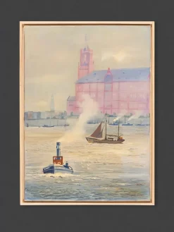 Pamono Hamburger Harbor, Oil on Canvas> Mid-Century