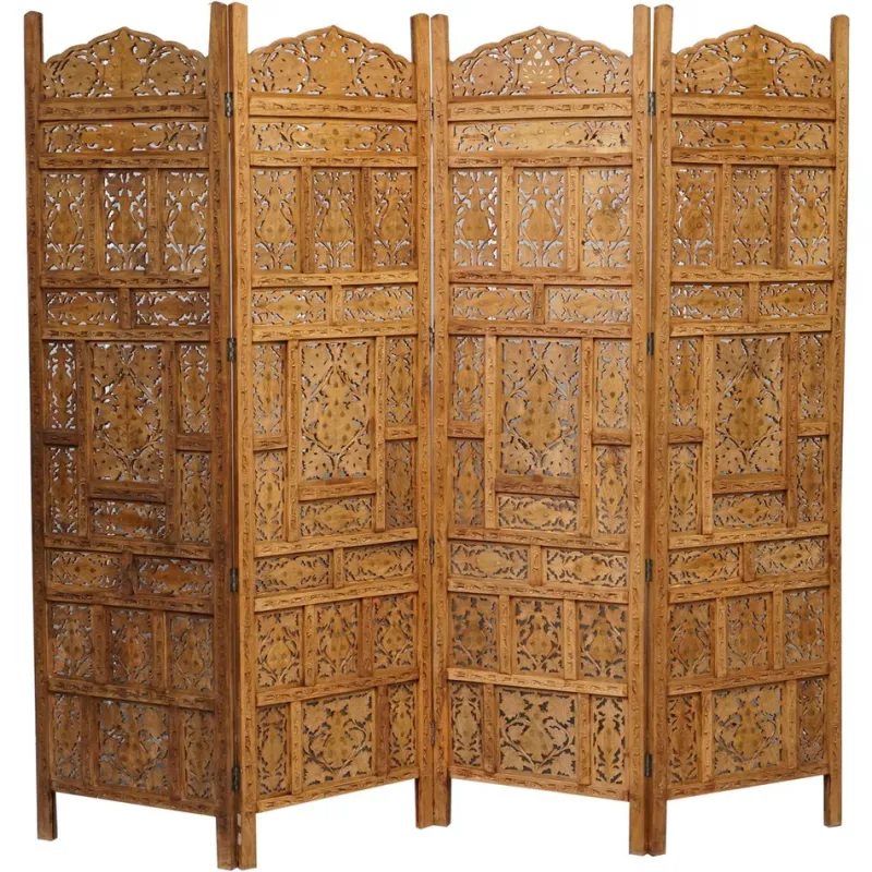 Pamono Hand Carved Solid Teak Folding Screen with Brass Inlaid Detail> Room Dividers & Screens